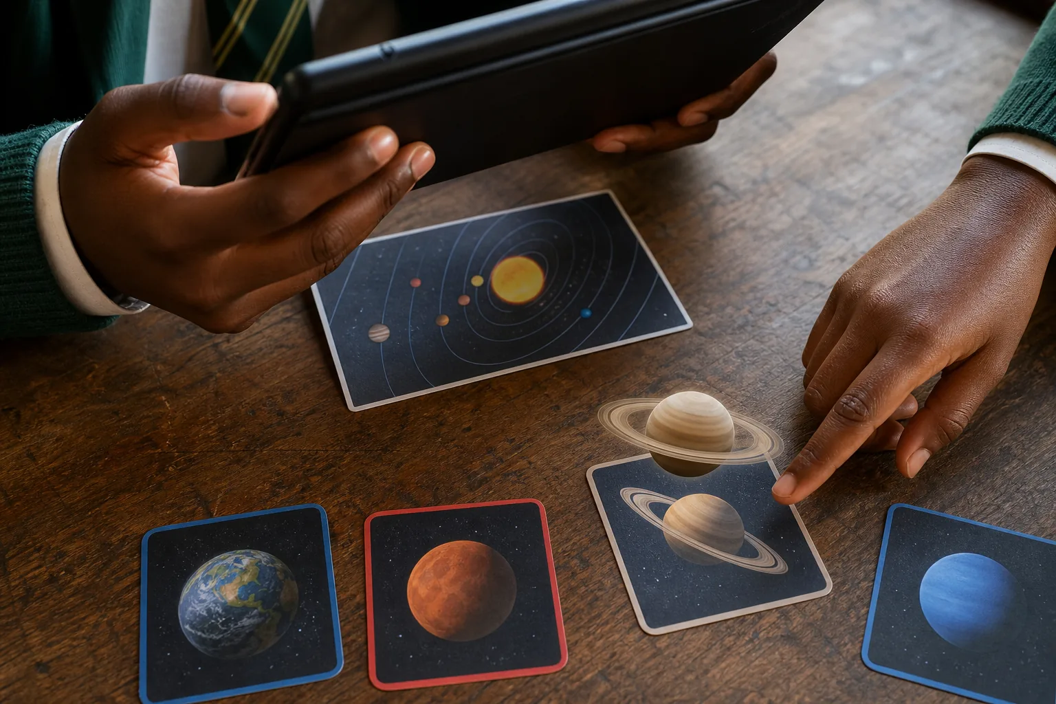 Students using a tablet with conceptual solar-system learning cards