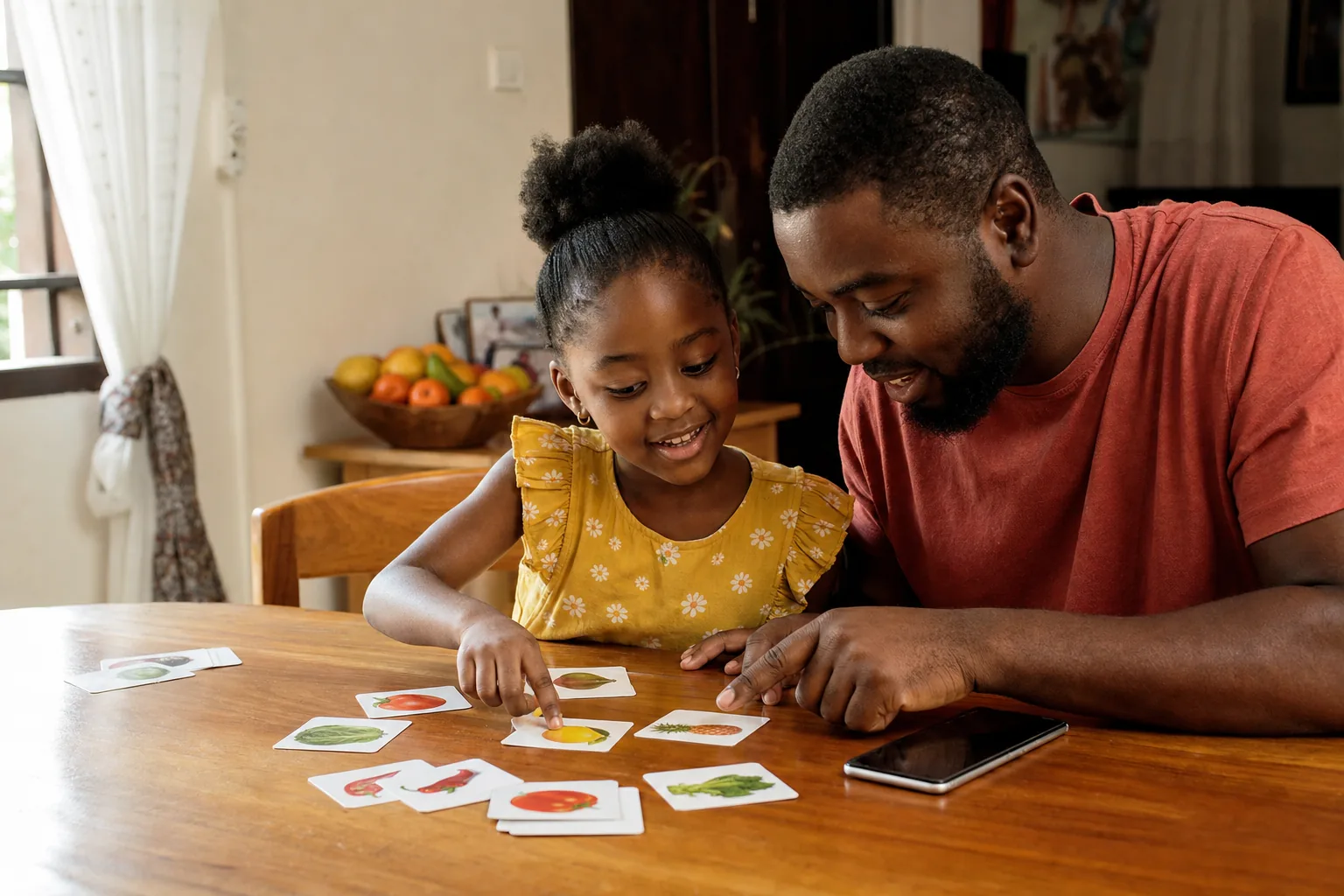 African father and daughter playing with fruit and vegetable learning cards