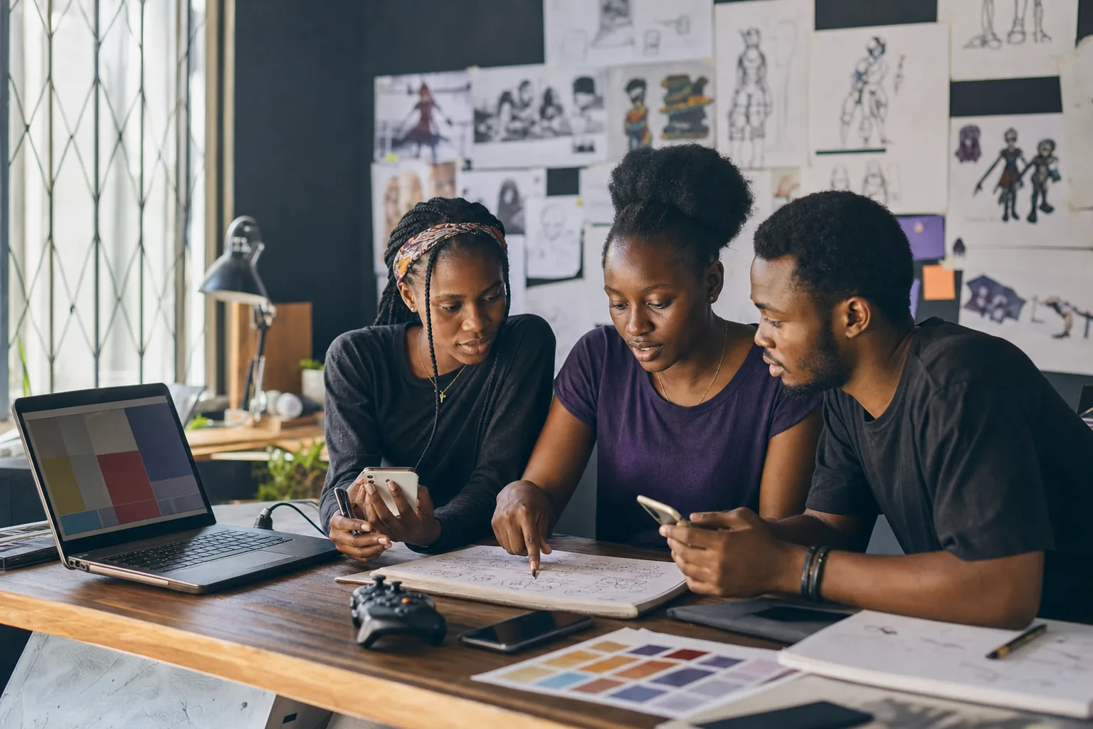 Three young African game developers discussing a mobile game concept