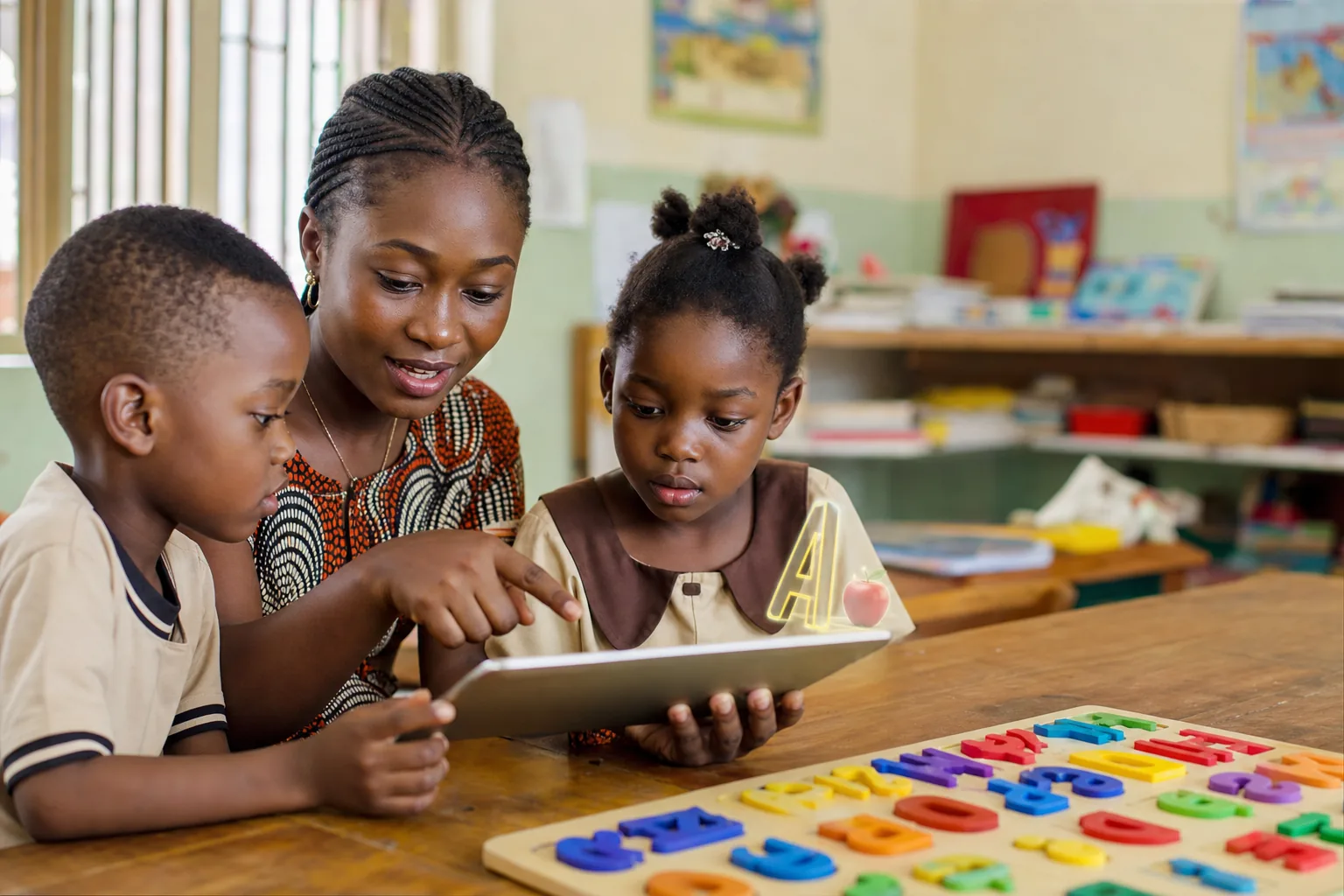 Teacher guiding two African students using an alphabet board and tablet