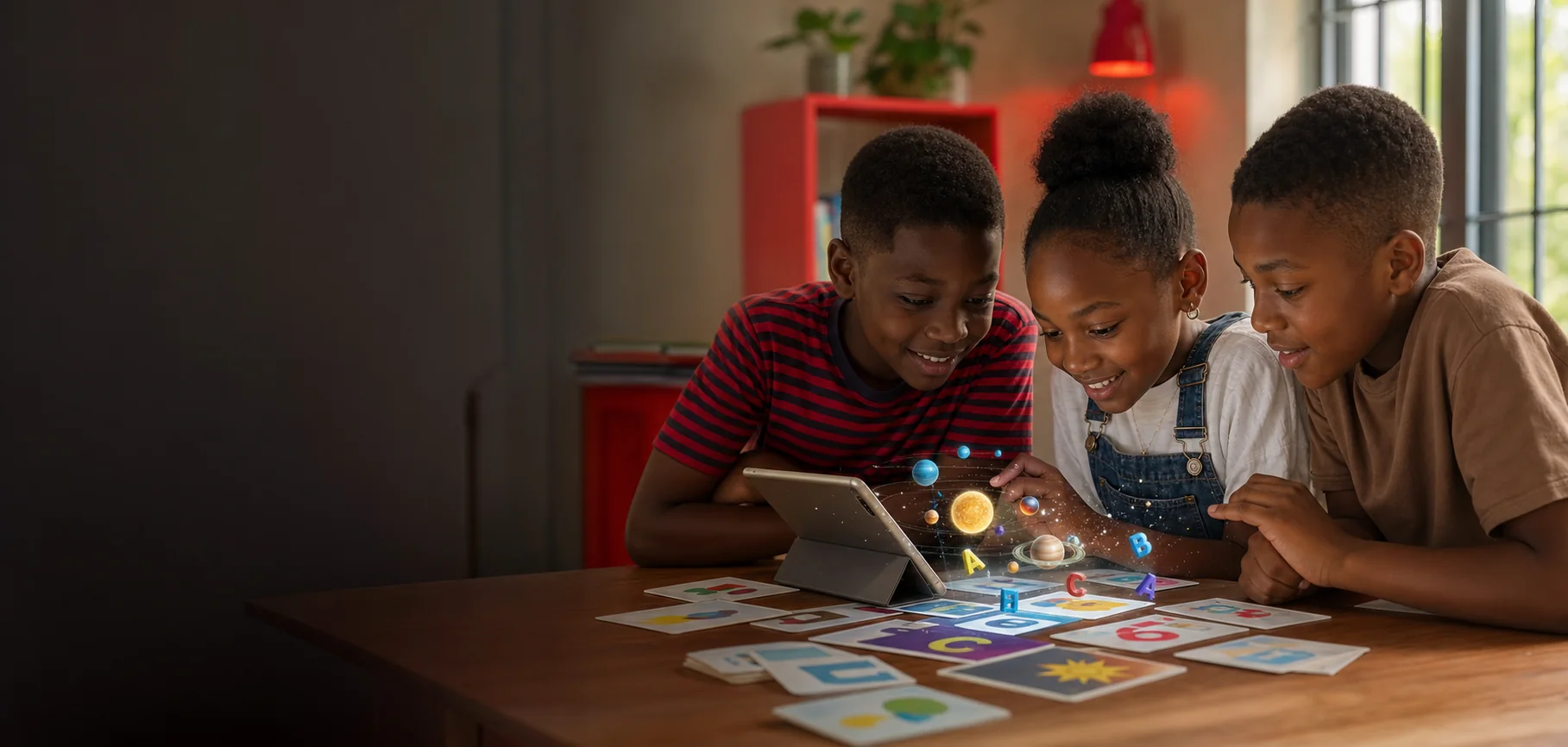 Three African children exploring alphabet cards and a solar system through an educational tablet experience